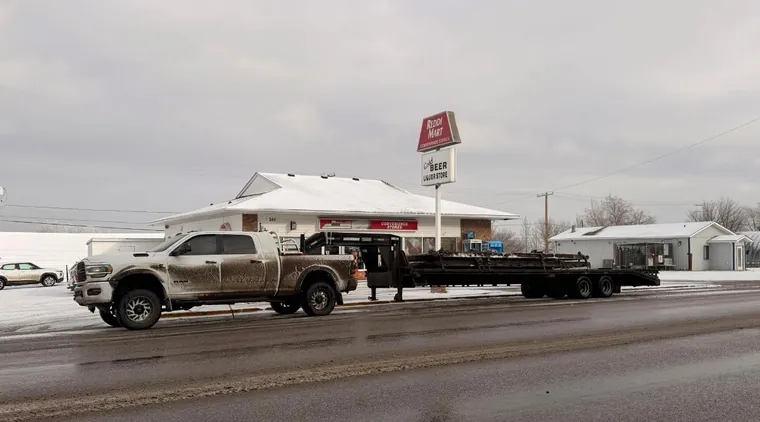 Stopped in town with the trailer behind